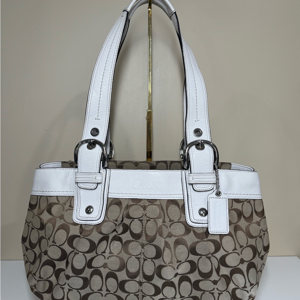 Coach White and Brown Signature Tote Bag